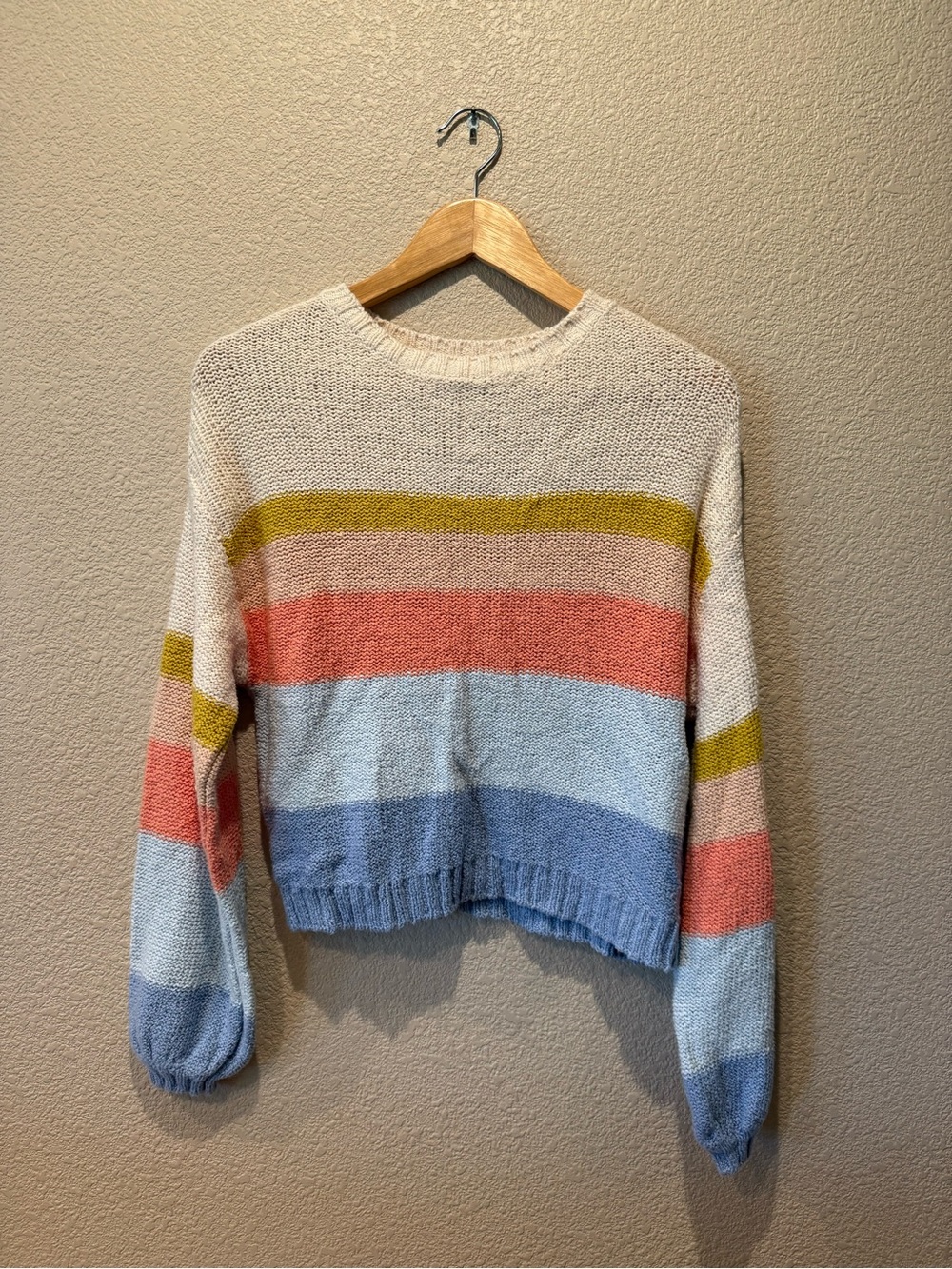 Billabong Cream Knit Sweater with Coral, Light Blue & Olive Stripes